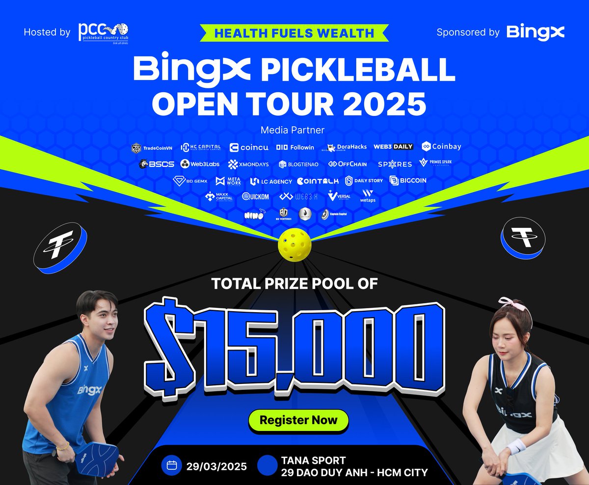 Web3lab_DAO's tweet image. 📣 BINGX PICKLEBALL OPEN TOUR 2025 – VIETNAM’S FIRST WEB3.0 COMMUNITY SPORTS TOURNAMENT 📣
This March, BingX Pickleball Open Tour 2025, organized by PCC, will officially kick off in Ho Chi Minh City. The tournament promises to deliver thrilling competitions with a super…
