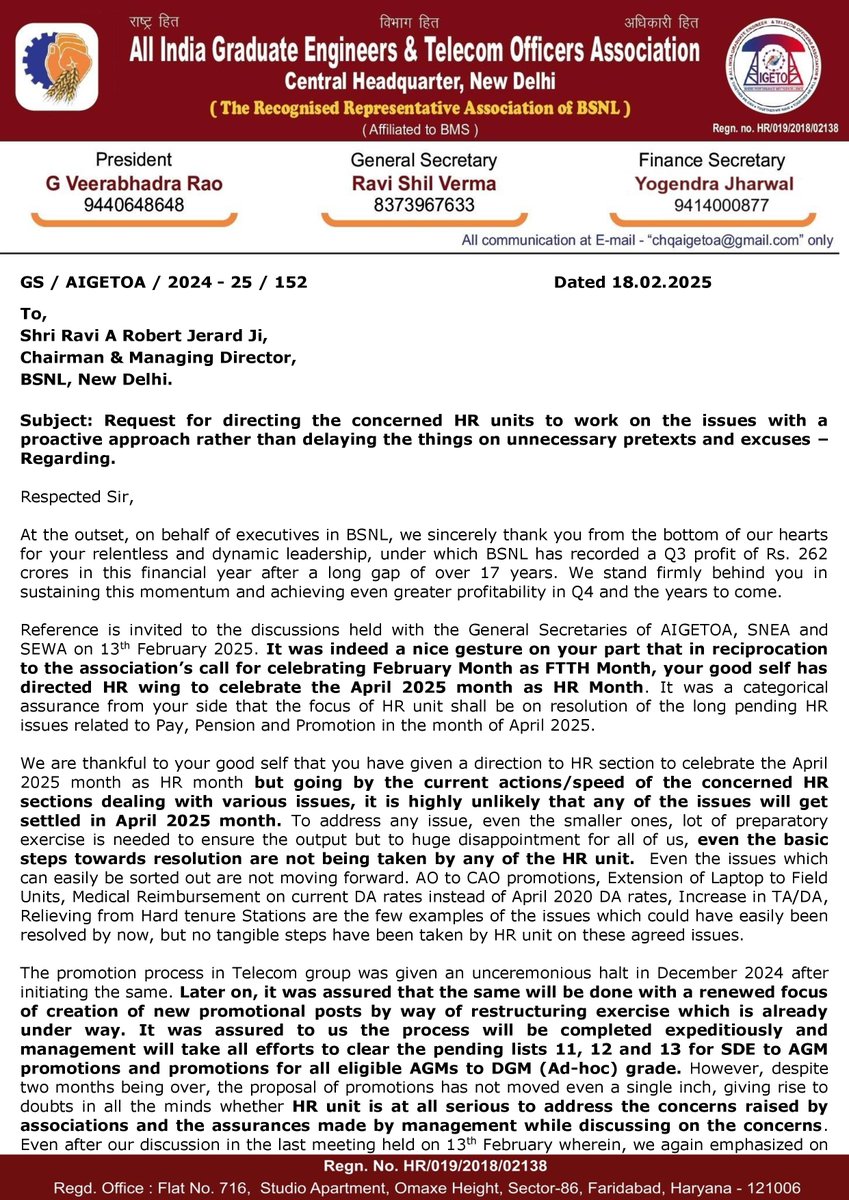 AIGETOA , Recognised Association of BSNL tweet media