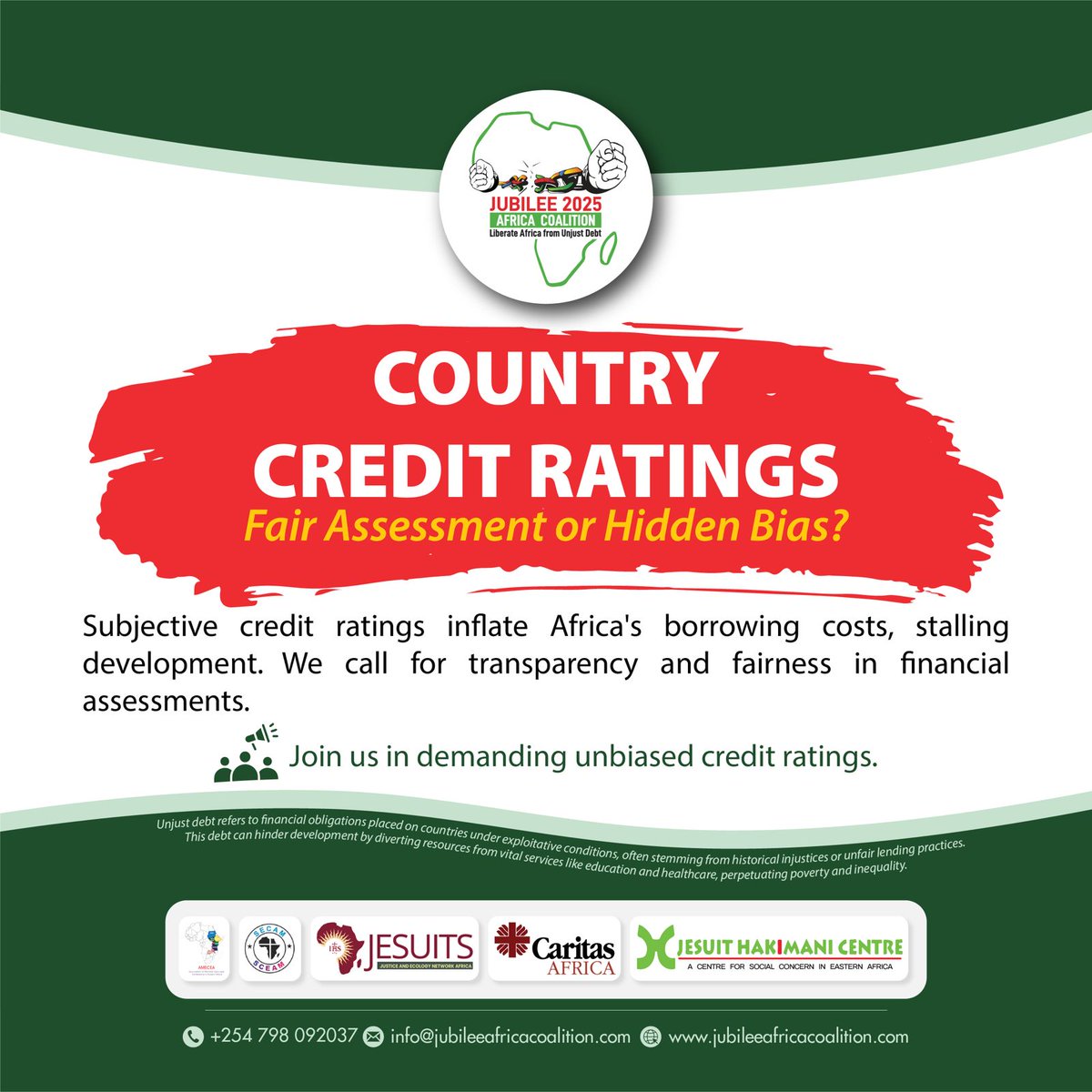 Are country credit ratings fair or biased? 🤔

Unjust ratings inflate Africa’s borrowing costs, stalling development. We demand transparency &amp; fairness in financial assessments! 🌍💡
#Jubilee2025  #FairCreditRatings #EndUnjustDebt <a href="/caritas_africa/">Caritas Africa</a> <a href="/JesuitsAfrica/">Society of Jesus in Africa</a> <a href="/JesuitHakimani/">Jesuit Hakimani Centre</a>