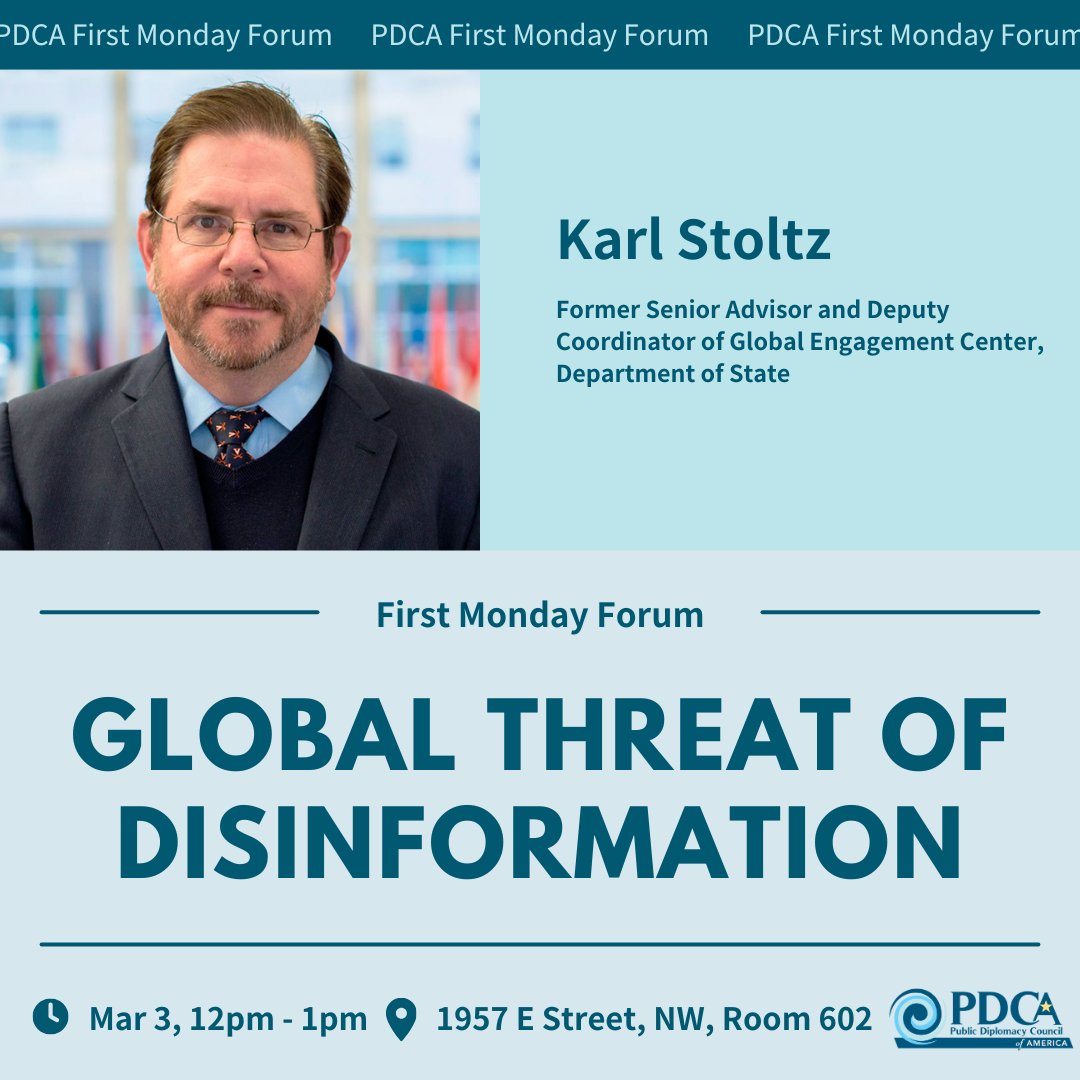📣 PDCA is convening the next First Monday Forum with retired foreign service officer, Karl Stoltz, to discuss a pressing PD topic: Disinformation.

🙋 Register for in-person session: eventbrite.com/e/march-3-glob…
💻 Register for online session: us02web.zoom.us/webinar/regist…