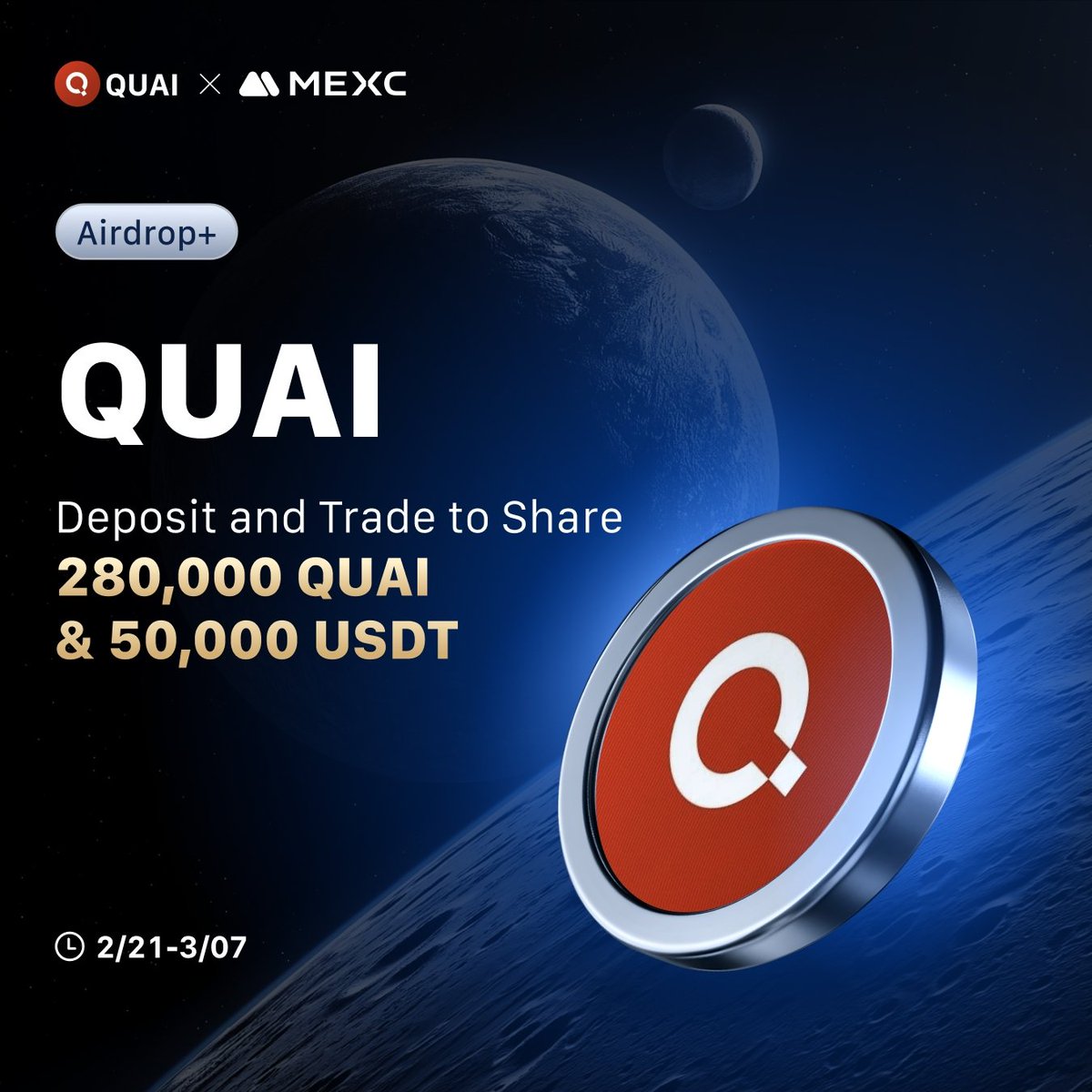 🔥 The <a href="/QuaiNetwork/">Quai Network ⚡️💵</a> / $QUAI Airdrop+ Event is live and heating up!
 
👉 Deposit and Trade to Share 280,000 QUAI &amp; 50,000 USDT!
 
🎁 Spread the word now to win a share of 2,000 QUAI.
📅 Ends on 23:59, Feb 27 2025 (UTC):  
      gleam.io/competitions/e…   
 
👉 Join Now: