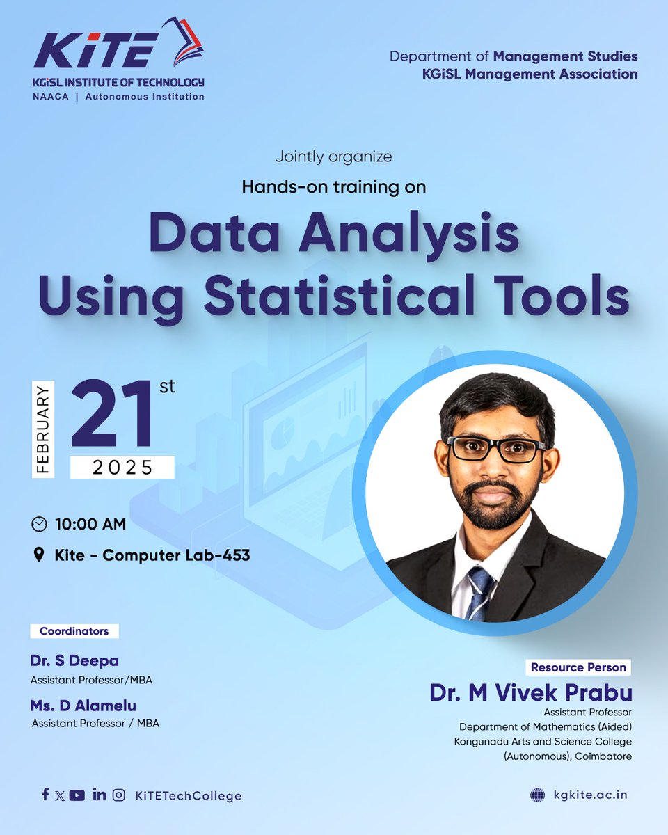 KiTETechCollege's tweet image. KGiSL Institute of Technology, along with the Department of MBA &amp;amp; Management Association, is hosting an exciting Hands-on Training on Data Analysis using Statistical Tools! 

#DataWizards #SkillUp #KGiSLInstituteOfTechnology #MBA #NumbersGame