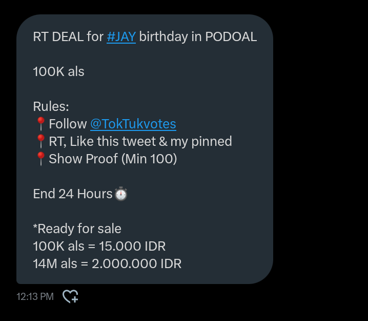 042002web's tweet image. RT DEAL for #JAY birthday in PODOAL

100K als

Rules:
📍Follow @TokTukvotes 
📍RT, Like this tweet &amp;amp; my pinned 
📍Show Proof (Min 100)

End 24 Hours⏱️

*Ready for sale
100K als = 15.000 IDR
14M als = 2.000.000 IDR