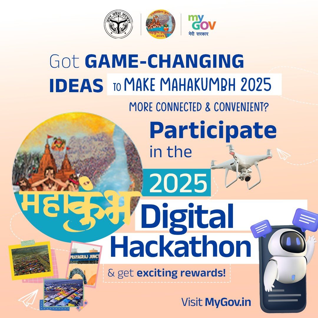 mygovindia's tweet photo. Are you ready to innovate and revolutionize the MahaKumbh experience?
Join the MahaKumbh 2025 Digital Hackathon to showcase your tech prowess and create digital solutions for seamless management.
Visit: https://t.co/eBdHrMFiAx
#Mahakumbh2025
#DigitalHackathon
@UPGovt https://t.co/fwaKwL0PIV