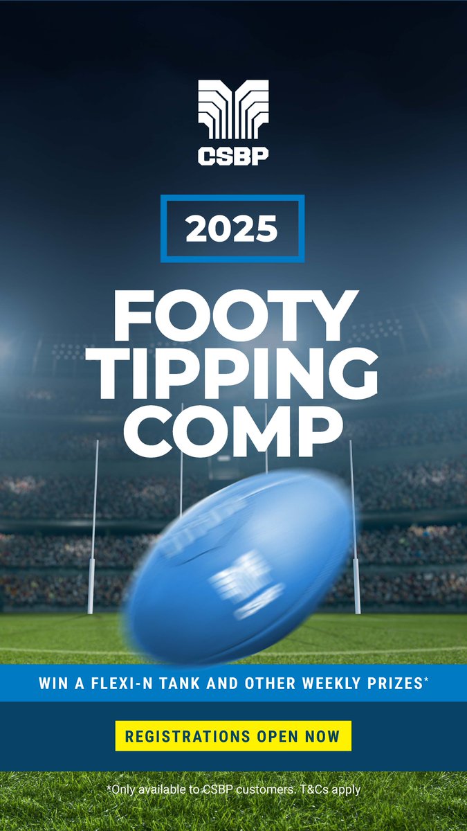 Love your footy? Join our CSBP Customer Footy Tipping Comp today!
• Our top tipper will win a Flexi-N tank
• Weekly merch packs up for grabs
• FREE to register
The season kicks off on Thursday 6 March, so sign up before it’s too late. 
Check your email for your invite and