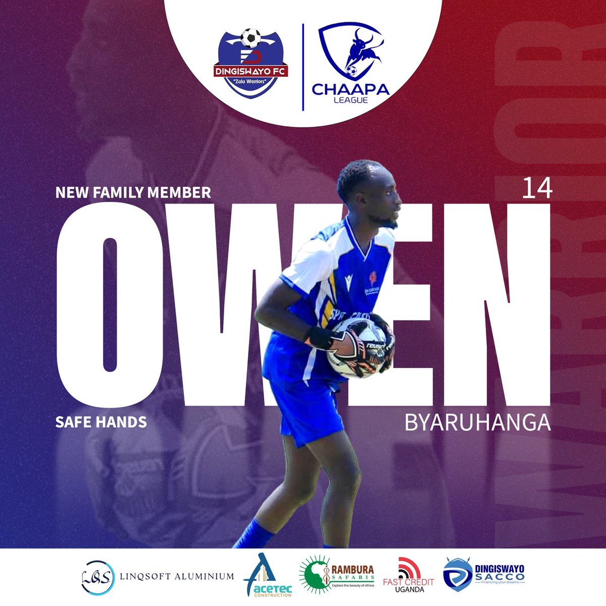 dingiswayo_fc's tweet image. We are pleased to announce the signing of Owen Byaruhanga, he joins us from ⁦@AkajjuFC14⁩ Fc for undisclosed fee

He's a Season 8 Champion and MVP Nominee with #Chwezi FC

Mr Safe Hands, welcome to the Zulu warriors  #RoadToTheKraal  begins this Sunday