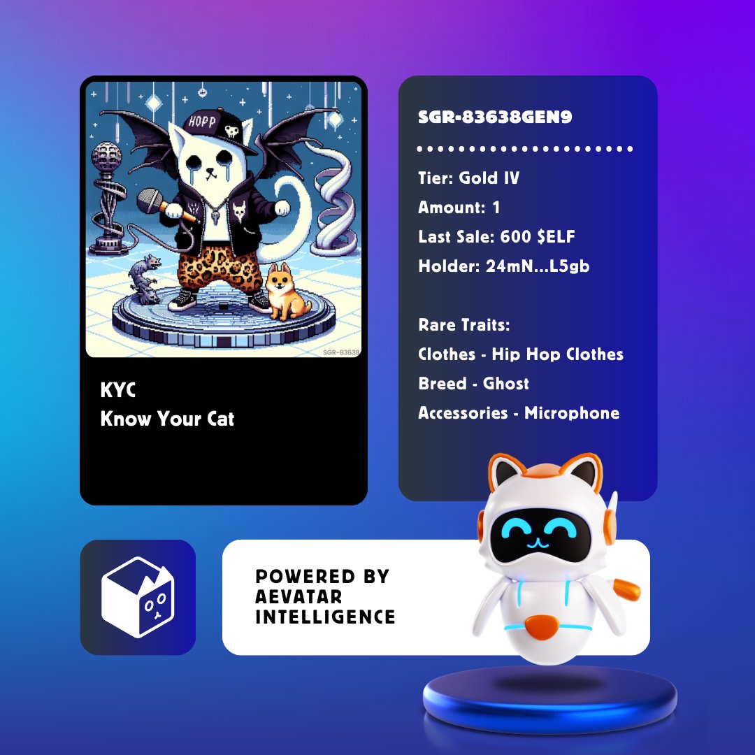 😼 KYC - Know Your Cat | SGR-83638GEN9

🔥 One of the first Bronze IV cats, last sold for 600 $ELF! 

💰 Rarity is key and Bronze IV still tops the charts, SGR-83638 is closest to hitting the 18,800 jackpot! 

👆 Tap the "Adopt" button &amp; adopt a Schrodinger's Cat of yours at: