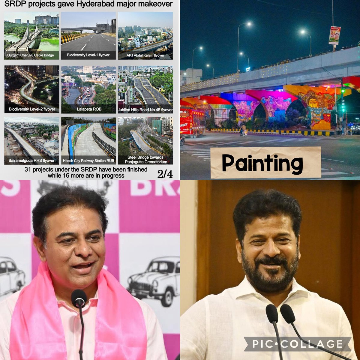 VarunBRS58's tweet photo. కేటీఆర్ SRDP కింద పదుల సంఖ్యలో ఫ్లై ఓవర్ లు, అండర్ పాస్ లు నిర్మించారు..

ఇప్పుడు రేవంత్ ప్రభుత్వం వాటికి పెయింటింగ్ వేపిస్తున్నది.

అందుకే అనేది కెసీఆర్ గారి ఆనవాళ్లను ఎవరు చెరపలేరు అని. https://t.co/U3KmUZMUEI