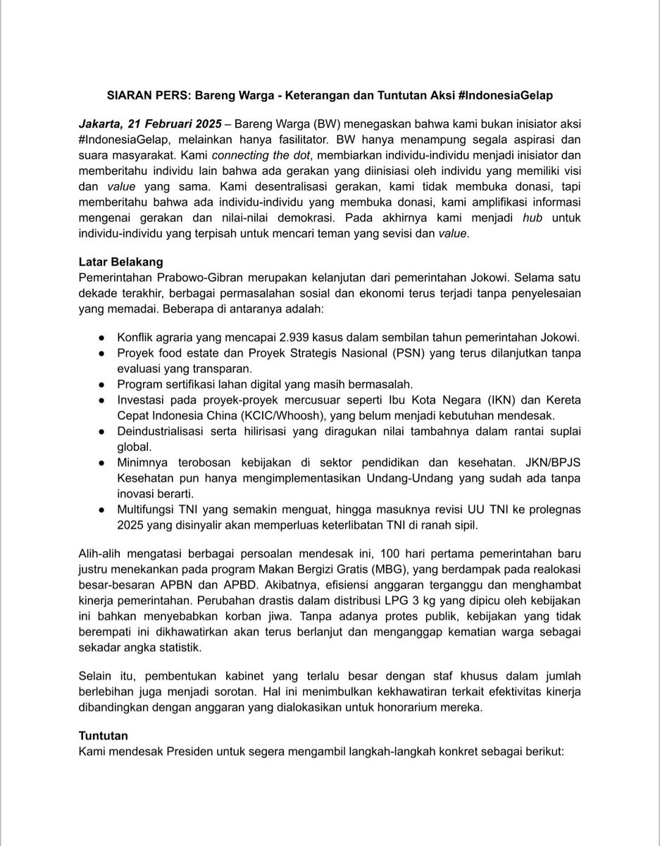 barengwarga's tweet image. SIARAN PERS: Bareng Warga - Keterangan dan Tuntutan Aksi #IndonesiaGelap