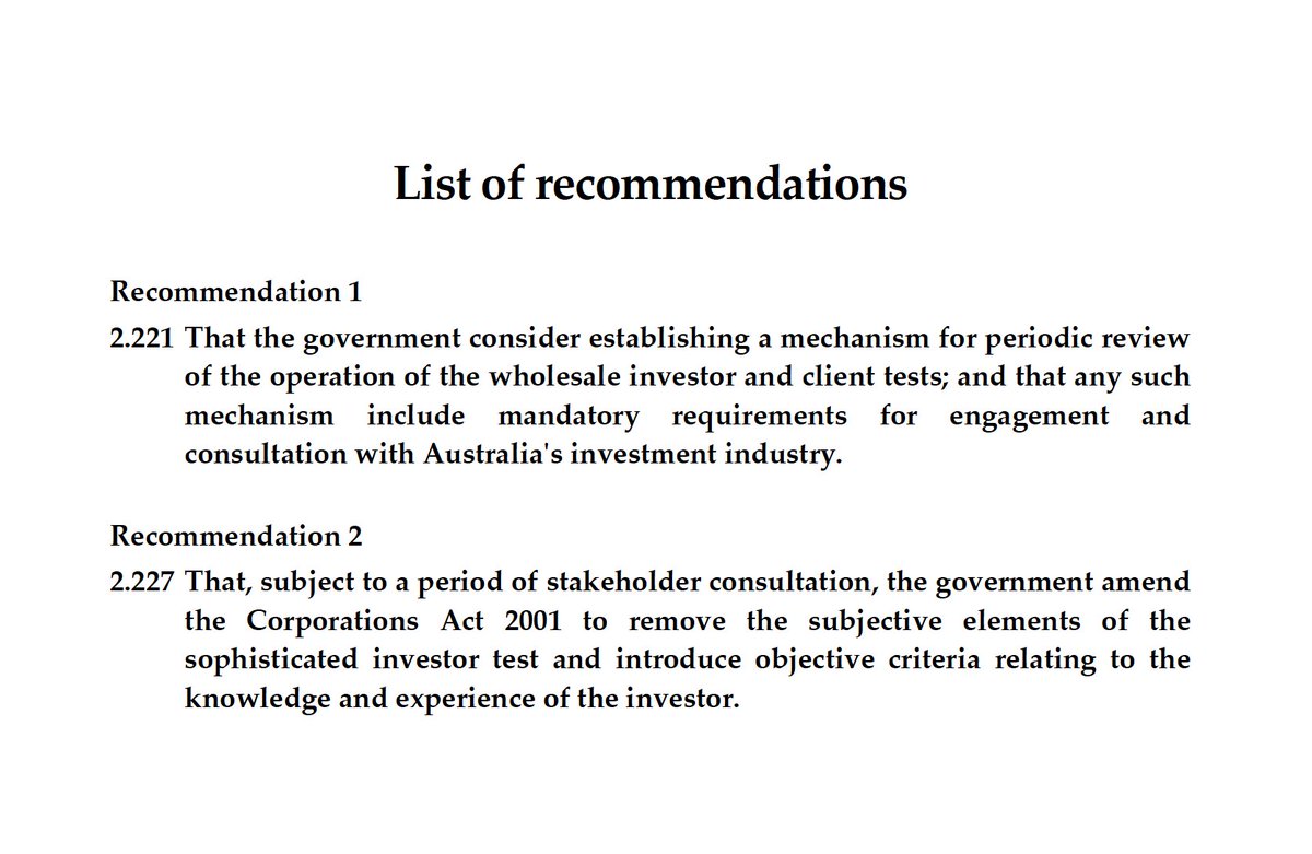 The findings from the Parliamentary Joint Committee on Corporations and Financial Services on the Wholesale investor tests is out.
Seems sane heads prevailed and they have not recommend any increases to the thresholds: aph.gov.au/Parliamentary_…