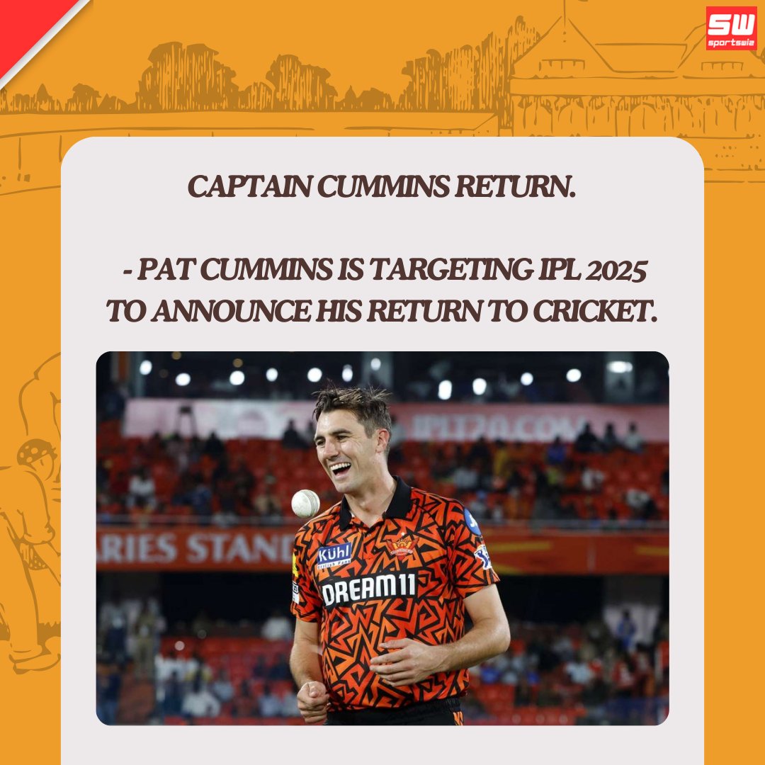 mysportswiz's tweet photo. 🚨 BIG NEWS! 🚨
Pat Cummins is targeting IPL 2025 to announce his return to cricket! 🏏🔥 After a hiatus, the Aussie pacer is set to make a grand comeback as captain.
https://t.co/kCz3JZ0AZr
#PatCummins #IPL2025 #CricketReturn #Captaincy #CricketNews #IndvsBan #Bangladesh #shami #wicket #mdshami #championstrophy #rohitsharma #India #IndVSBAN #PAKvsIND #sportswiz
