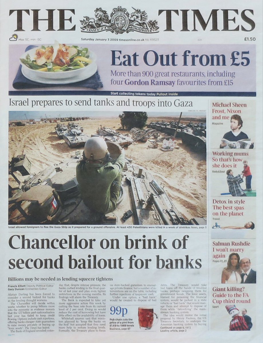 The more I think about it, the more I'm convinced Satoshi chose to reference this front page in Bitcoin's genesis block very carefully

It's, obviously, a commentary on bailouts and money printing

But I think it's also a commentary on the warfare state that fiat helps enable