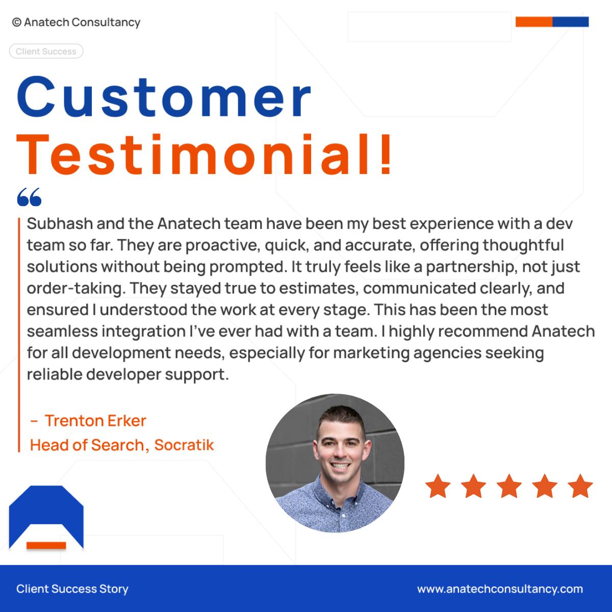 Anatech_Consult's tweet image. At Anatech Consultancy, we pride ourselves on delivering exceptional website development services that exceed expectations. Here's what one of our satisfied clients had to say! #DevelopmentExperts #AITrends #MarketingSolutions #WebDevelopment #QualityService