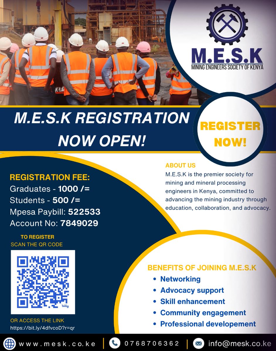 mining_MESK's tweet image. Unlock Your Potential with M.E.S.K! 

Join Kenya&apos;s premier society for mining engineers students and professionals welcome!
Network, Learn, and Grow!

✅ Register now and be part of our vibrant community.

📲 Scan the QR code to get started!

#MESK #MiningEngineers #Networking .