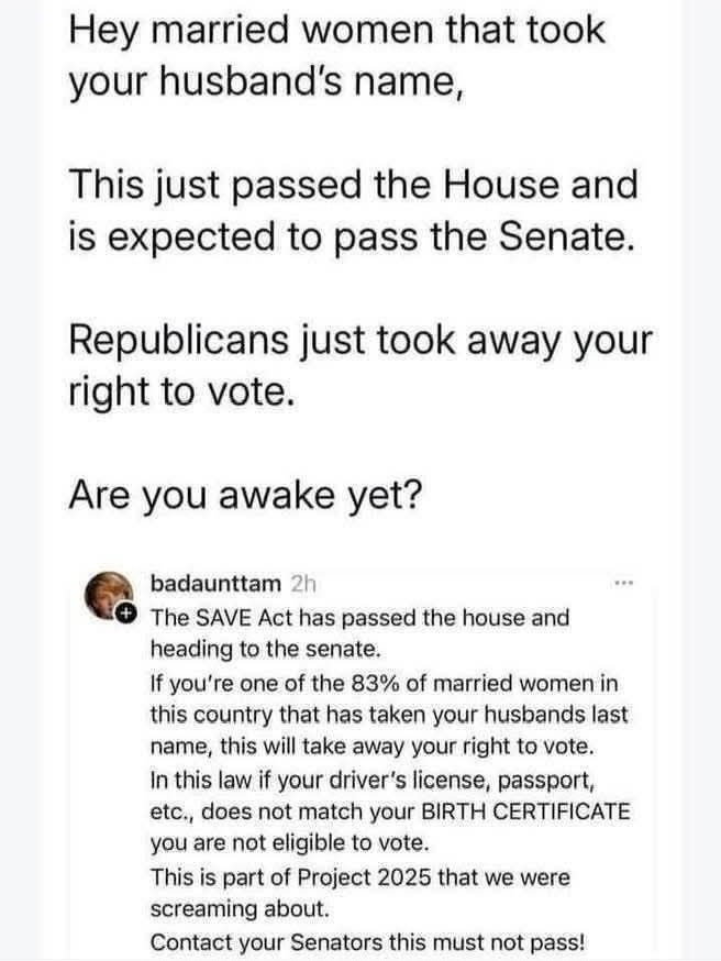 No_Suffer_Fools's tweet photo. The 19th Amendment to the United States Constitution gave women the right to vote.  While this bill doesn't come right out and state that they are taking the right to vote away from women, the fact is THEY ARE TAKING THE RIGHT TO VOTE AWAY FROM WOMEN.

Regardless of their reasons for doing this, it is still UNCONSTITUTIONAL.

First they took away our right to choose, the results of that often leaving women to die or arrested and jailed if they leave the state or have a miscarriage.  Now they're going after our right to vote.  What's next our right to work?  Our right to have credit cards and our own bank accounts?  

What's next?
