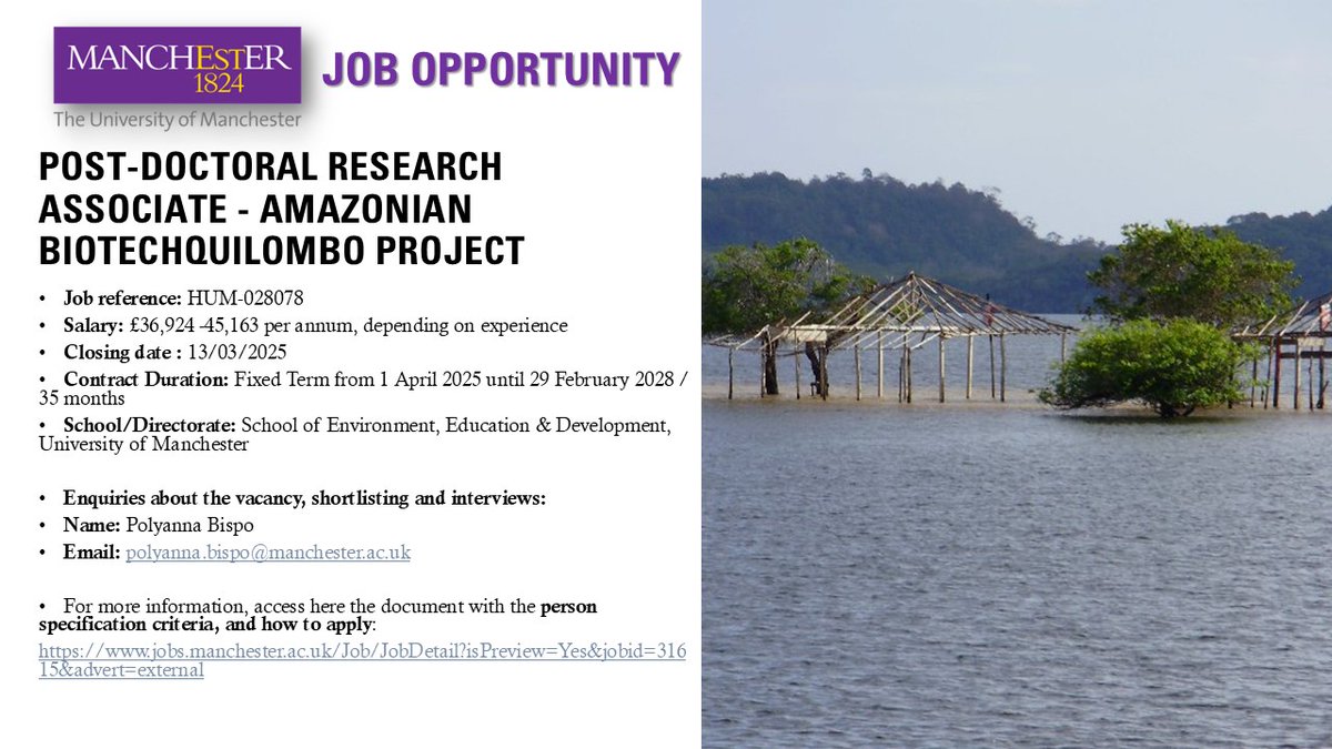 🚀Join us: Exciting Job Opportunity – Postdoctoral Research Associate in our BiotechQuilombo Project! 🌿
🔗 More details and application:
 jobs.manchester.ac.uk/Job/JobDetail?…