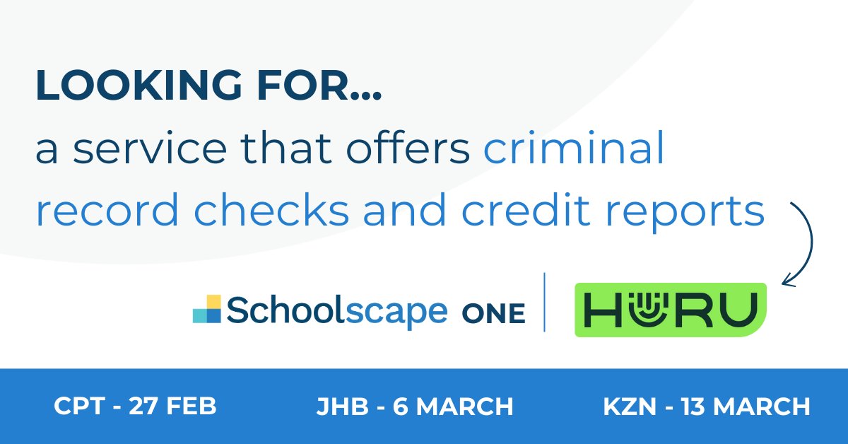 Huru focuses on credit reports and criminal record checks for you, so that your school can be safe. 
For more info check out their website: zurl.co/62iql 
🗓️ Schoolscape ONE Dates: 
27 Feb - CPT, 6 March - JHB, 13 March - KZN