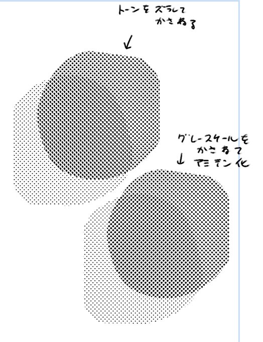 @2nomaru 具体的に言うとコレ たしか "体臭の虜"あたりでこのスタイルに切り替えたと思う いちいち網点レイヤーを数ドットズラすの面倒になったのと 後者の方が美しいかも?と思って 