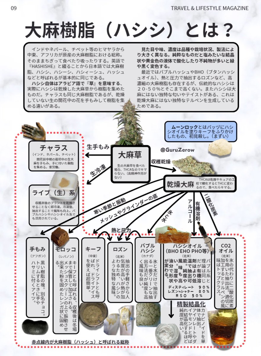 最近、ハシシ(大麻樹脂)についてよく質問をもらうので、種類や抽出法、原産国などをまとめたチャート作りました。

伝統的なチャラスから最新の生ロズンまで

意見や質問も大歓迎！リプやDMでお願いします。

#ハシシ
#ハッシュオイル
#リックシンプソンオイル
#レズン
#カナビノイド
#THCA
#CBD