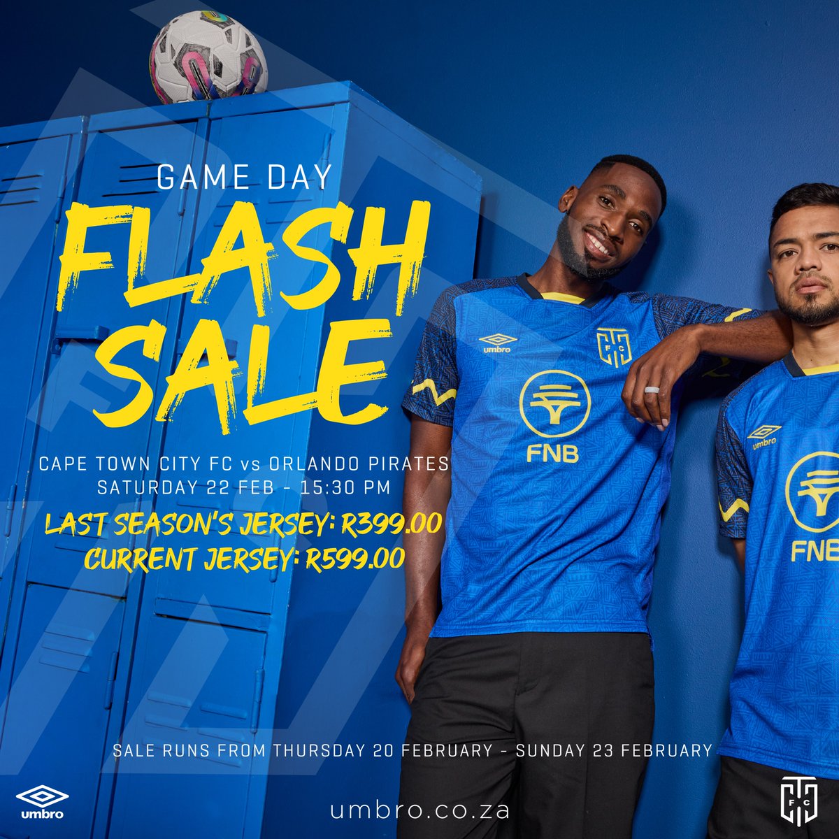 GAME DAY FLASH SALE! 
Get your hands on <a href="/CapeTownCityFC/">Cape Town City FC</a> jerseys at unbeatable prices!

🆚 Cape Town City FC vs Orlando Pirates
📅 Saturday, 22 Feb – 15:30 PM
👕 Last season’s jersey: R399.00
👕 Current jersey: R599.00

Shop now: umbro.co.za/collections/ca…

Sale runs from 19-23 Feb!