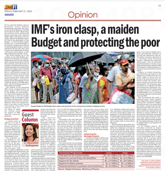 Sharing my analysis of Budget 2025 with a focus on what it provides for the most vulnerable communities.
#Srilanka #Economiccrisislka #srilankaeconomiccrisis
ft.lk/opinion/IMF-s-…