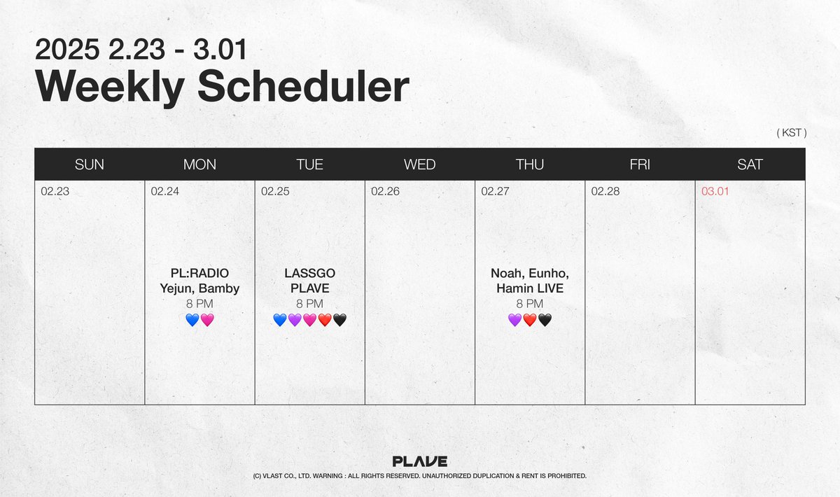 plave_official's tweet photo. [🗓️]

PLAVE Weekly Scheduler 📡
2.23 - 3.01

#PLAVE
#PLAVE_Weekly_Scheduler https://t.co/iVnSFQhCLr