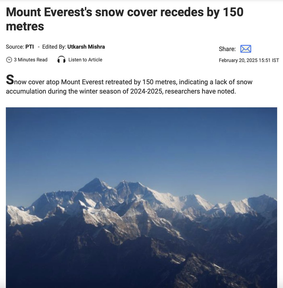 Aashis Joshi (@aashisjo) on Twitter photo The snow cover on Mt. Everest has receded by a staggering 150 meters after a very warm winter with no significant precipitation.
This Himalayan snow cover sustains the Indus, Ganga, Brahmaputra, Yangtze, Yellow, and Mekong. When we lose it, we lose the ability to feed ourselves. The snow cover on Mt. Everest has receded by a staggering 150 meters after a very warm winter with no significant precipitation.
This Himalayan snow cover sustains the Indus, Ganga, Brahmaputra, Yangtze, Yellow, and Mekong. When we lose it, we lose the ability to feed ourselves.