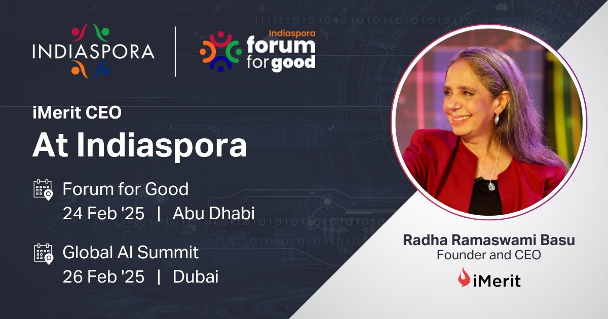 iMeritDigital's tweet image. AI’s future takes center stage at @IndiasporaForum for Good 2025 &amp;amp; Global AI Summit!
@RadhaRBasu, iMerit’s Founder &amp;amp; CEO, joins key talks:
🔹 Will AI Eat the World?
🔹 Leadership Dialogue – The Future of AI
#AI #Leadership #Indiaspora #GlobalAISummit #ThoughtLeadership