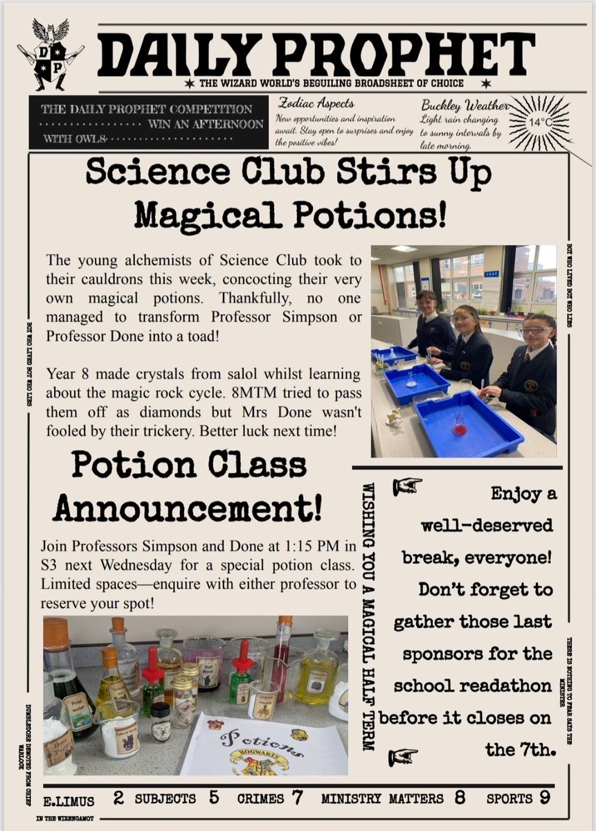 Elfed English Department (@elfedenglishdep) on Twitter photo 📢Breaking news from Science Club! Students brewed up some 'magical' potions—luckily, no professors were turned into toads! 🧪✨ Don't forget to sign up to the Potion Class on 3/3/25! #ScienceMagic #DailyProphet #worldbookday <a href="/ElfedScience/">Elfed Science Department</a>
<a href="/ElfedHS/">Elfed High School</a> 📢Breaking news from Science Club! Students brewed up some 'magical' potions—luckily, no professors were turned into toads! 🧪✨ Don't forget to sign up to the Potion Class on 3/3/25! #ScienceMagic #DailyProphet #worldbookday <a href="/ElfedScience/">Elfed Science Department</a>
<a href="/ElfedHS/">Elfed High School</a>