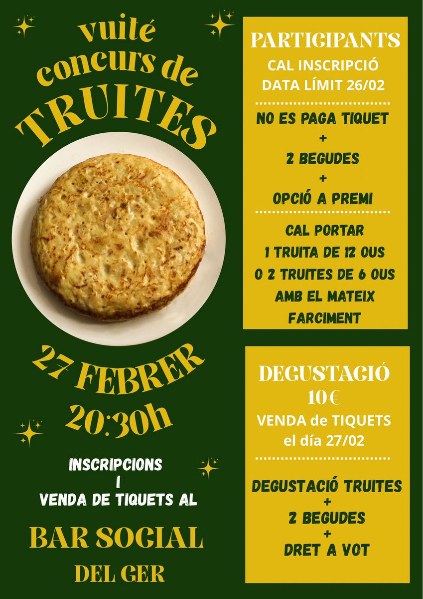 entitatger's tweet photo. VIII CONCURSO DE TRUITES! 
 27 FEBRER
 20:30
INSCRIPCIONS OBERTES PER A PARTICIPANTS FINS EL DÍA 26/2
VENDA TIQUETS AL BAR SOCIAL DEL GER EL DIA 27/2
#carnaval2025 https://t.co/P73UnLDE1O