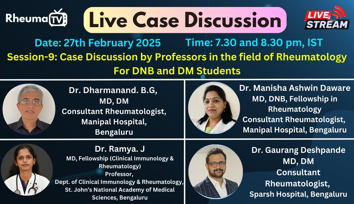 ChanRecricr2002's tweet photo. 🔊 𝐀𝐭𝐭𝐞𝐧𝐭𝐢𝐨𝐧 𝐚𝐥𝐥 𝐃𝐍𝐁 𝐚𝐧𝐝 𝐃𝐌 𝐬𝐭𝐮𝐝𝐞𝐧𝐭𝐬! 🔊
Join us for Session 9 of our live case discussions on #RheumaTV, featuring top professors in #rheumatology .
[ https://t.co/d4d6ck6O18 ]
#Doctors  #MedicalEducation  #LiveCaseDiscussion #dnb  #DM #Doctors https://t.co/o8ahCFeLPK
