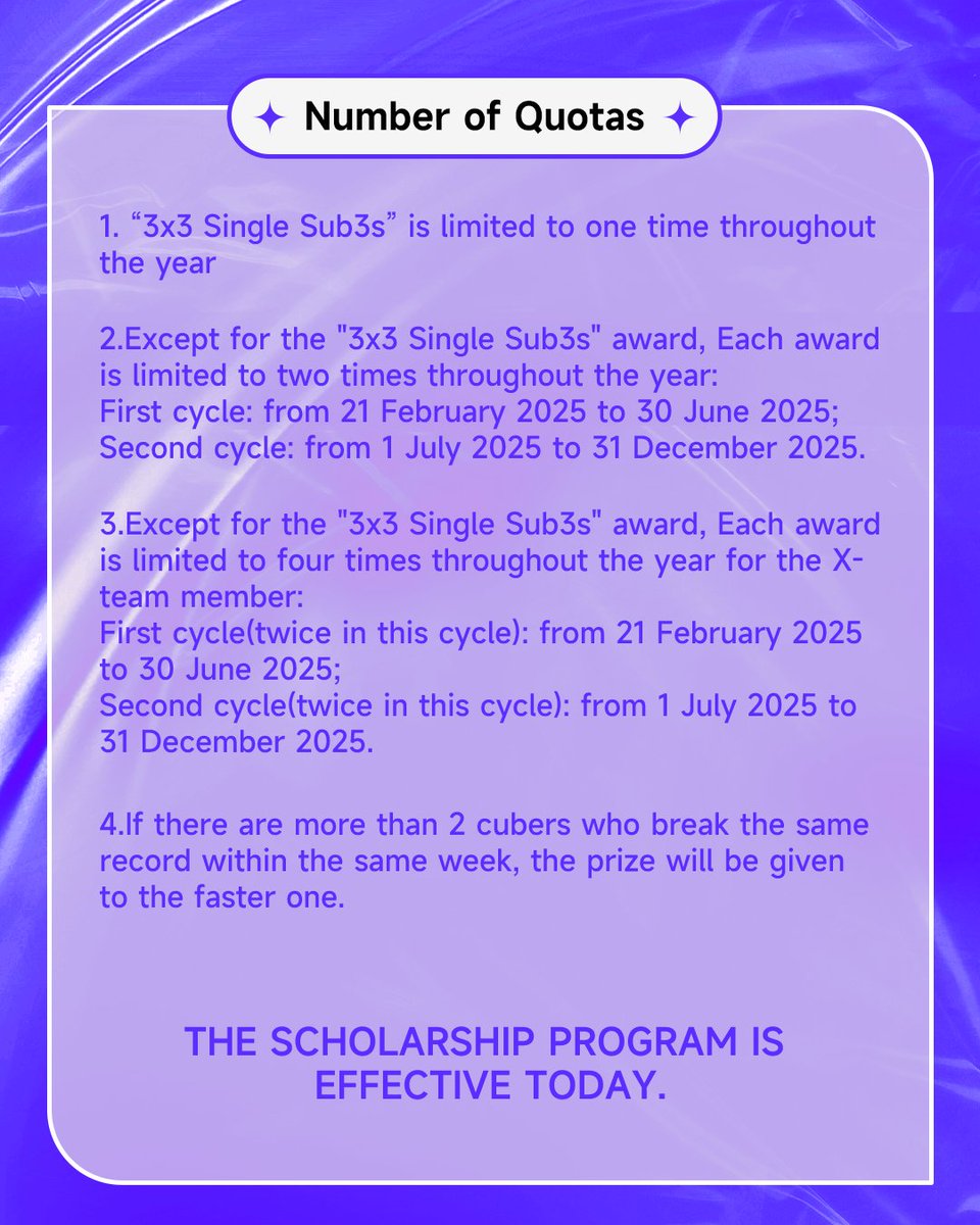 QiyiCube's tweet photo. Up to $27590 - QY Toys 2025 WCA Scholarship Program released!
For more details, please refer to the following pictures.
#qiyi #cube https://t.co/SdERuGy1Fy