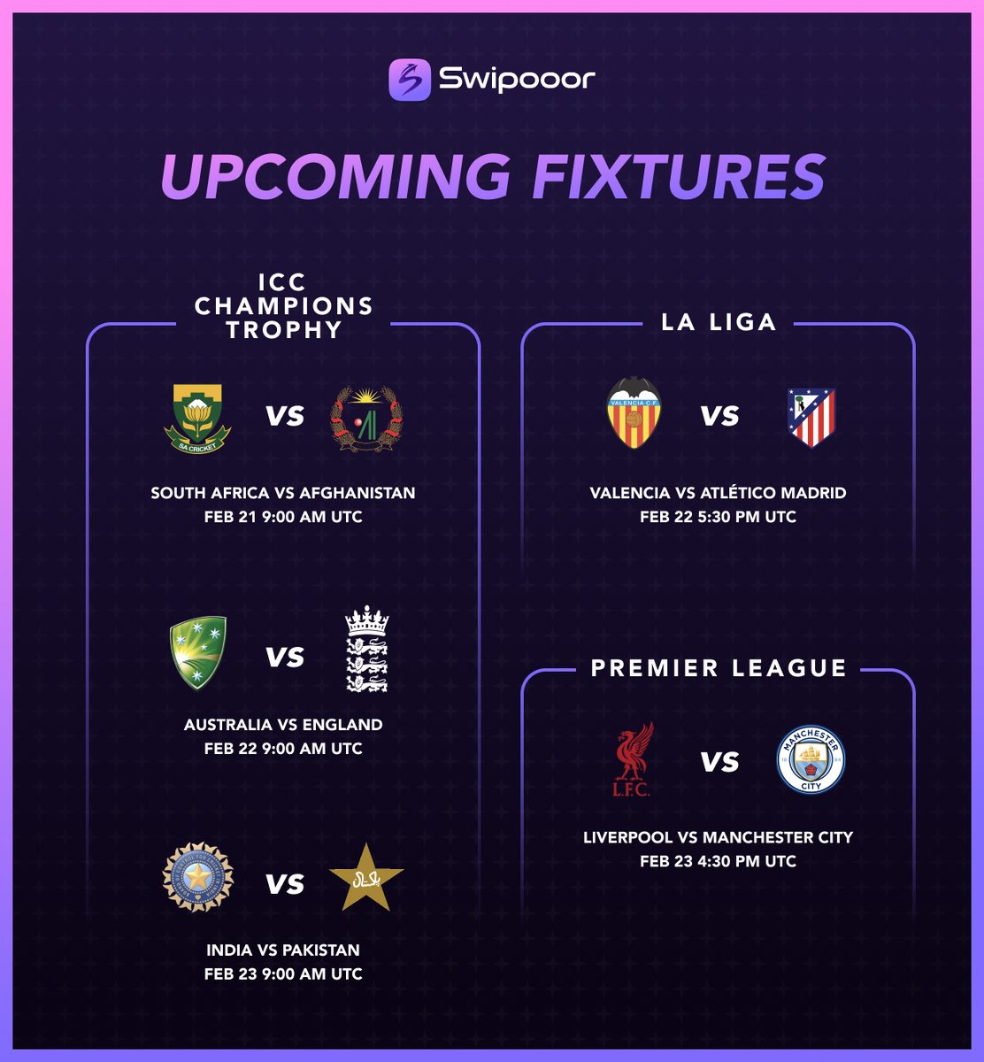 swipooor's tweet image. Two MASSIVE ICC Champions Trophy clashes are coming up! 🏏
- South Africa vs Afghanistan Mode ends in 24 hours
- India vs Pakistan Mode ends in 48 hours
Swipe, predict & lock your picks before time runs out! 👉 swipooor.io