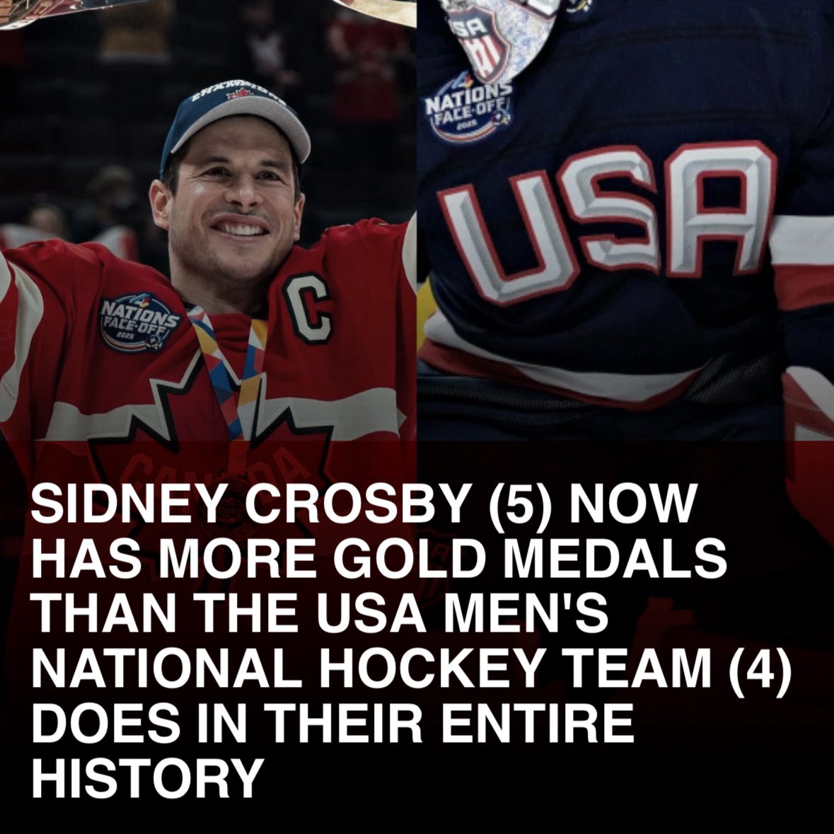 Crazy stat: Sidney Crosby now has more Gold Medals at the men's international level than the USA does in their entire men's national team history

Captain Crosby 🇨🇦