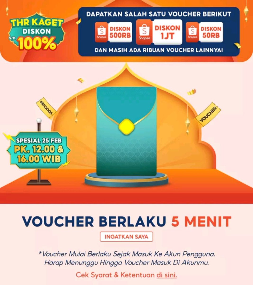 RacunBelanja's tweet photo. Voucher THR Kaget Diskon 100%

🗓️ 25-28 Februari 2025
⏰ Jam 12:00 &amp; 16:00

🗓️ 1-31 Maret 2025
⏰ Jam 04:00 &amp; 16:00

• Waktu klaim sampai 60 menit
• Voucher berlaku 5 menit setelah diklaim 

Cek promonya disini:
https://t.co/HVsRkK66Bu https://t.co/G9pSpju40O