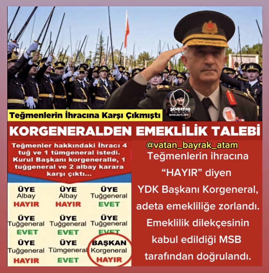 Teğmenlerin ihracına karşı çıkmıştı: Korgeneral Tevfik Algan emekliliğini istedi.

<a href="/farukkockozic/">Faruk Koç 💙</a>
<a href="/Azize_Turkoglu/">🇹🇷Azize TÜRKOĞLU🇹🇷</a> 
<a href="/BalaZeynep26556/">Atatürkçü Yazar ✍️ Zeynep Altınok</a> 
<a href="/ATAISIK_/">ATAKIZ</a> 
@1920Ataturk
<a href="/manolyalayy/">Manolya Alay</a>
 <a href="/inciabatuhan/">İnci</a>
<a href="/Damla48005712/">Su💧🧚‍♀️</a>