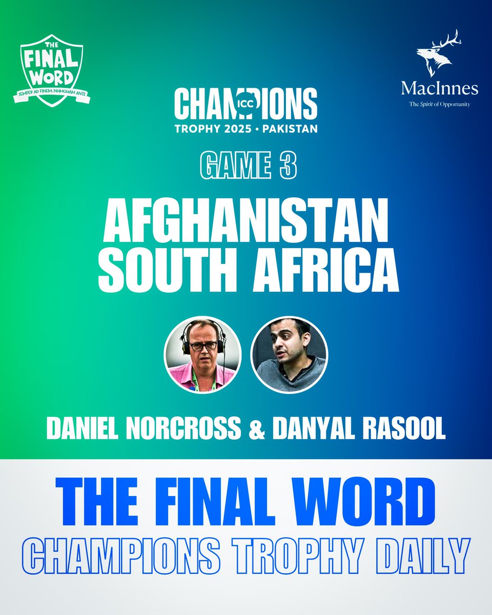 Final_Word_Pod's tweet image. Afghanistan make their Champions Trophy debut against last year’s T20 World Cup finalist.

Game 3 🏏 🇦🇫 🆚 🇿🇦

👥 @norcrosscricket &amp;amp; @Danny61000 to wrap it up after play for the #FinalWord 🏏

#CT2025 | @macinneswhisky