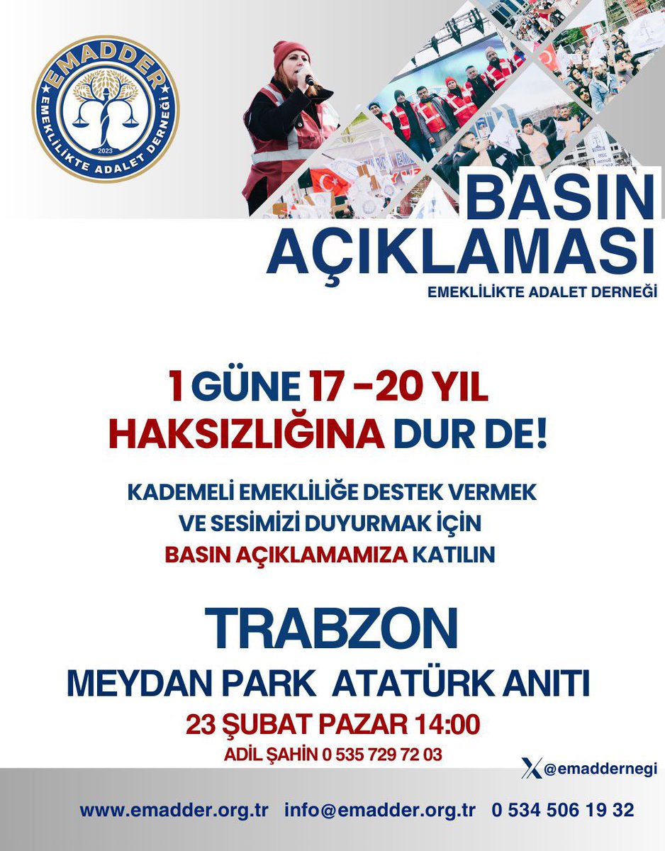 mihribanugurluu's tweet photo. ‼️📣Yeni Tag📣‼️

👇👇👇👇👇👇👇👇
#KademeTrabzonda

Hayırlı Cumalar @EmadDernegi Ailesi ve tüm haksızlık yaşayan arkadaşlarımız. 

Soğuk hava, kar, kış bizleri yıldıramaz hakkımızı istiyoruz ve alana kadar mücadele edeceğiz‼️‼️‼️

Emeklilikte Adalet Derneği (EMADDER) olarak, 23 Şubat Pazar günü saat 14:00’te Trabzon Meydan Park Atatürk Anıtı’nda basın açıklamamızı gerçekleştireceğiz.

1 güne 17-20 yıl haksızlığına dur demek, kademeli emekliliğe destek vermek ve sesimizi daha gür duyurmak için tüm üyelerimizi ve destekçilerimizi bekliyoruz❗️

📍 Tarih: 23 Şubat 2025, Pazar
📍 Saat: 14:00
📍 Yer: Trabzon Meydan Park Atatürk Anıtı

#EmadderTrabzonda

@tgrthabertv 
@ErcanSeki 
@KRTCANLI 
@tarkankalelitv 
@gkayis 
@nowhaber 
@karagozilker 
@dhainternet 
@ihacomtr 
@ankahabera 
@szctelevizyonu 
@halktvcomtr 
@tv100 
@iscihaber