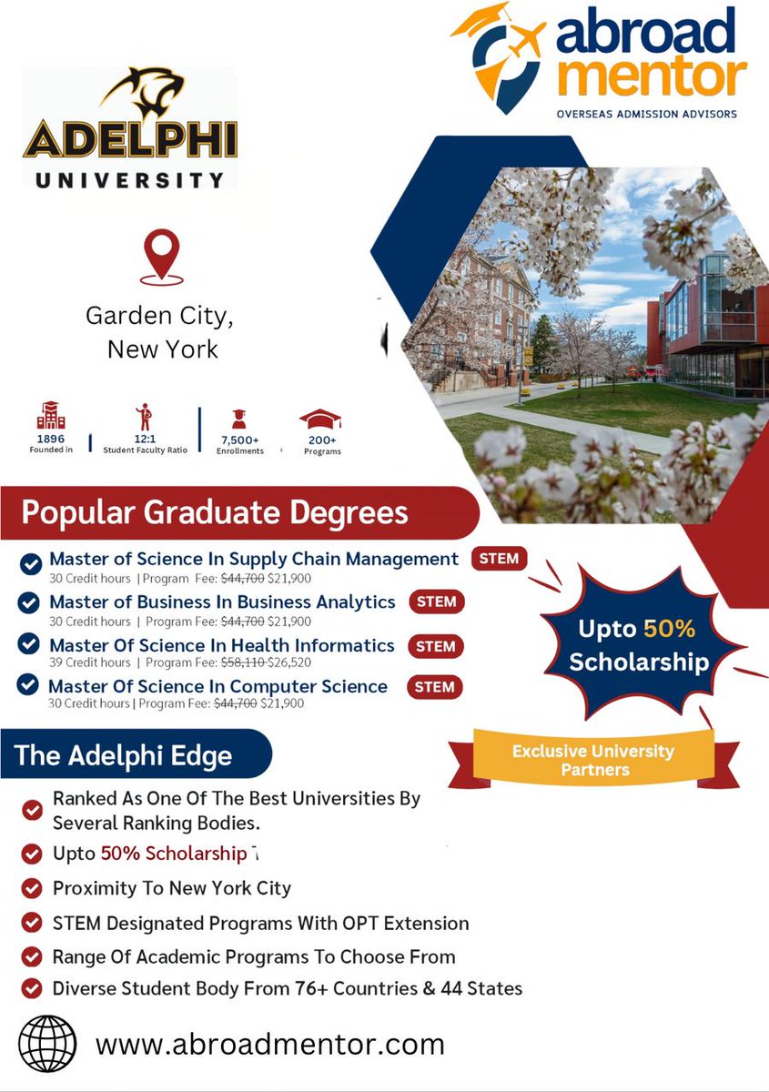 Abroadment84464's tweet image. ✨ Ready to unlock your future? ✨
🎓 Graduate Programs that elevate your career
🌍 STEM with OPT – Gain real-world experience after graduation!
💰 Up to 50% Scholarships to make your journey affordable!
🔗 in our bio.
#AdelphiUniversity #GraduatePrograms #STEM #Scholarships
