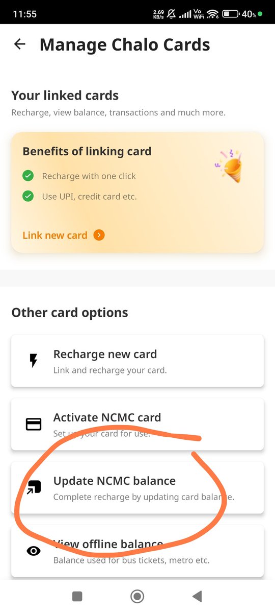 SriBatman's tweet photo. Process to update balance after phonepe recharge in Singara chennai Card. 
Check if your phone has NFC enabled; otherwise, it won’t work.

1. Open the Chalo app.

2. Change location to Mumbai.

3. Tap Refresh Balance.
4. Hold your card near/on phone.
 balance gets updated https://t.co/sGFWQcUgYk