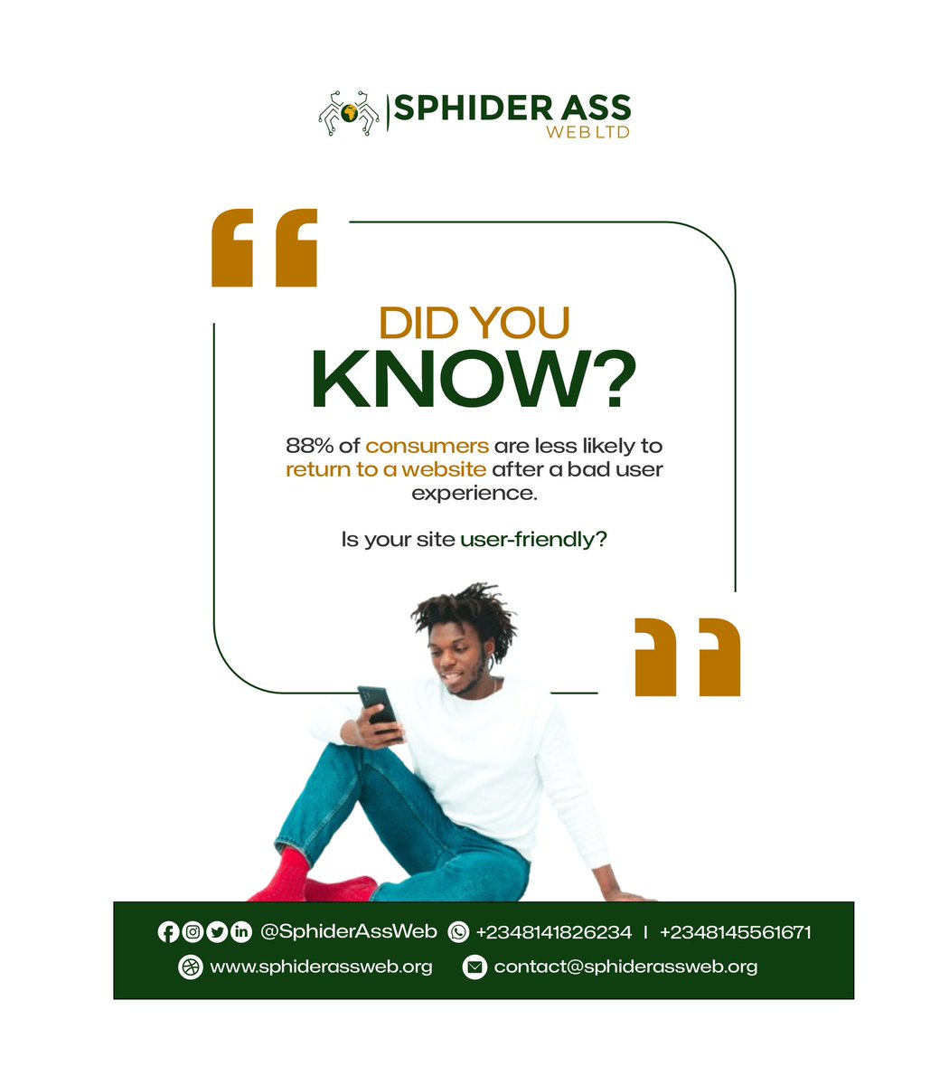 Sphiderassweb's tweet photo. Your website is your first handshake with customers. Don’t let a bad user experience drive them away—88% won’t return! Let’s make your site seamless and engaging. 
#UserExperience #WebsiteDesign #DigitalSuccess https://t.co/Jkl2esjkHF
