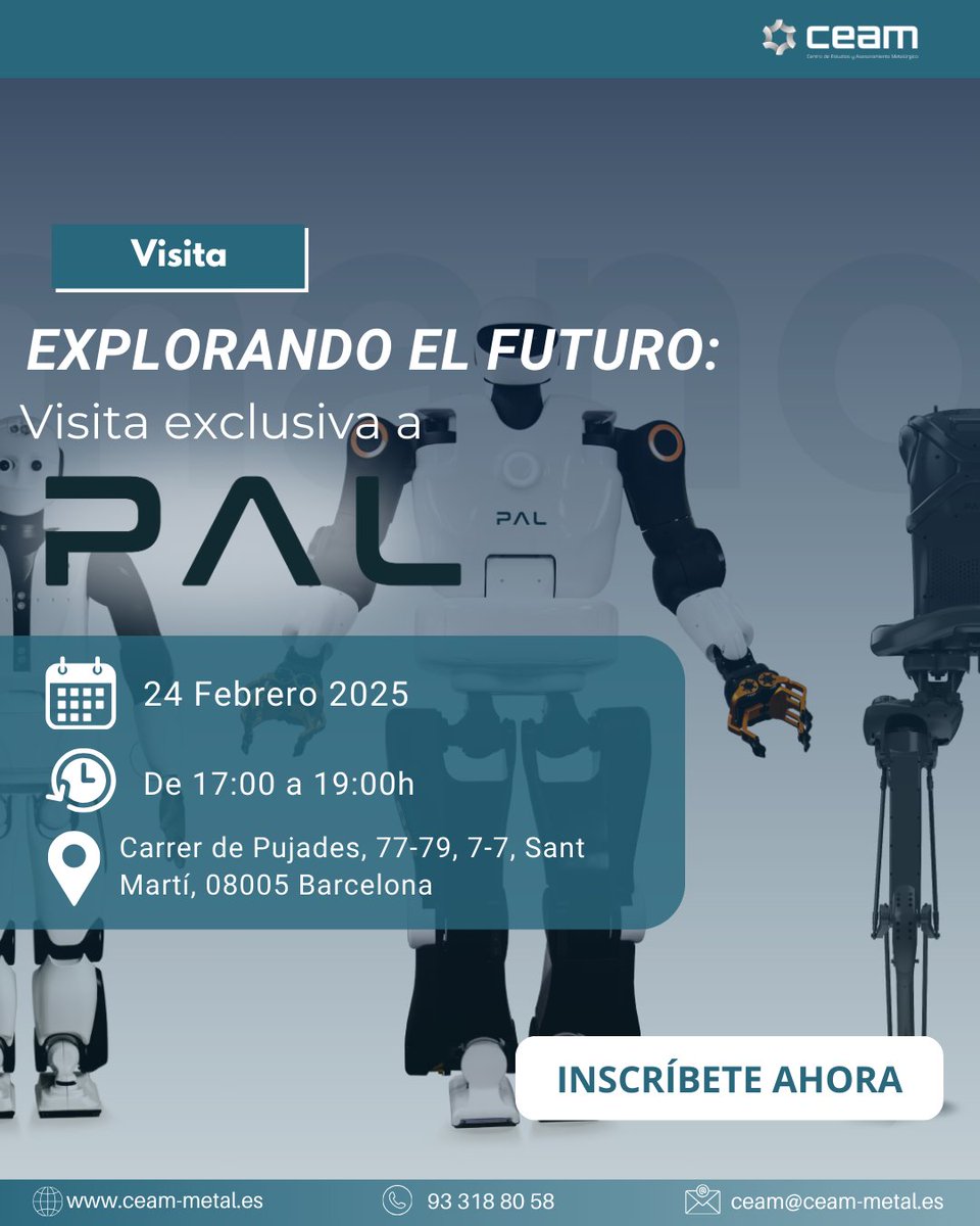 CEAMmetal's tweet image. 📢 ¡Este viernes en CEAM!📅 24/02:🔩 Prop. mecánicas d ls mat. 🛠️🤖 Visita a PAL Robotics 🤝📊 Planificación y control d la producción ⚙️🎓 28/02: Inicio dl M DOPI 💡📢 ¡Inscríbete ya! 👉 zurl.co/5MXdx  #Industria40 #Robótica #DOPI #Planificación #Materiales #CEAM