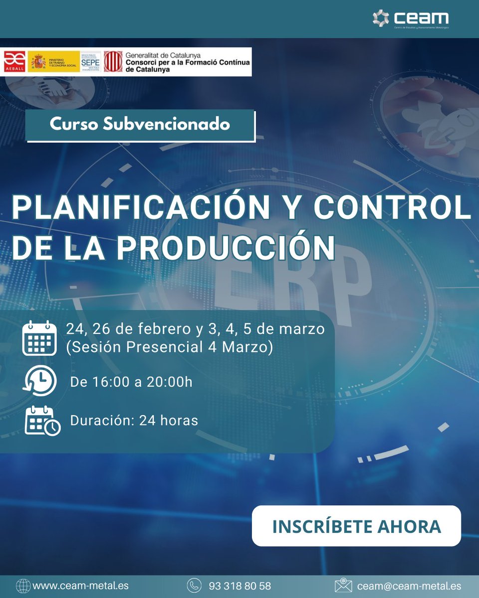 CEAMmetal's tweet image. 📢 ¡Este viernes en CEAM!📅 24/02:🔩 Prop. mecánicas d ls mat. 🛠️🤖 Visita a PAL Robotics 🤝📊 Planificación y control d la producción ⚙️🎓 28/02: Inicio dl M DOPI 💡📢 ¡Inscríbete ya! 👉 zurl.co/5MXdx  #Industria40 #Robótica #DOPI #Planificación #Materiales #CEAM