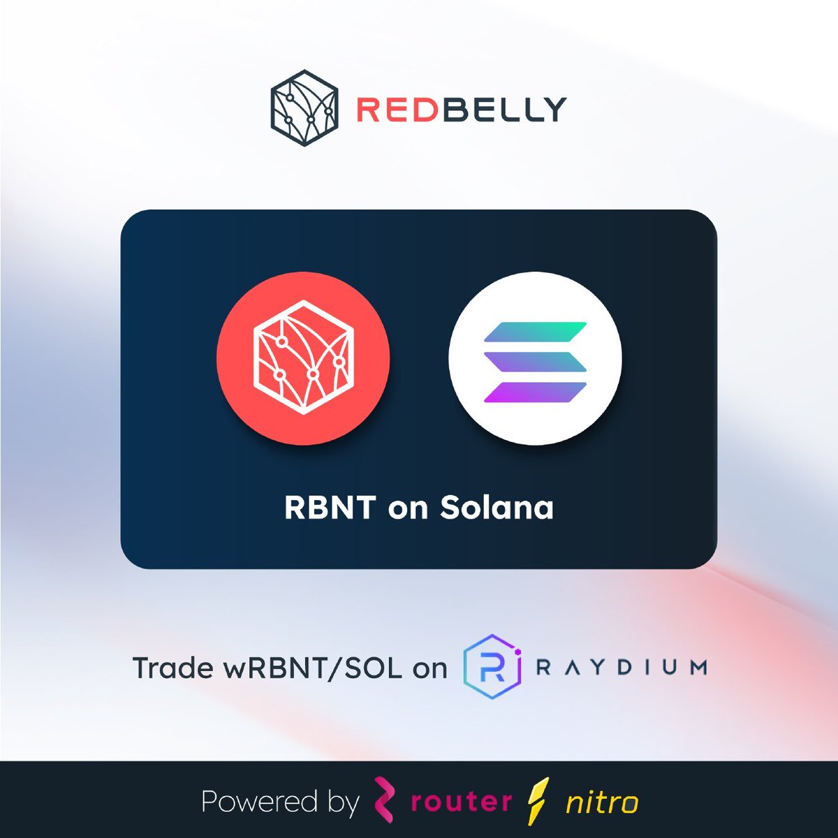 RedbellyNetwork's tweet image. Wrapped RBNT Token is now live on Solana.

Want to trade $RBNT on Solana? Now you can!

Official Token address:
2GBVt2ENvbHepuJMWYTPkkfpWUabAhsaXToYw8UphxS3

Official Raydium Pool: wRBNT/Sol
raydium.io/swap/?inputMin… 

Powered by @routerprotocol's Nitro!
