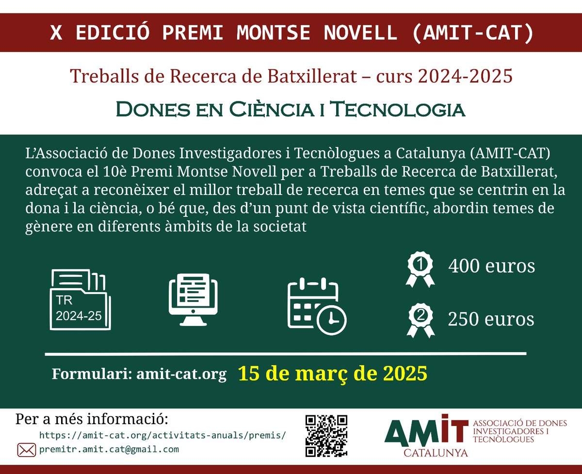📢Tenim bones notícies! Hem ampliat el termini per als Premis Montse Novell a Treballs de Recerca de Batxillerat. Si el teu treball se centra en la dona i la ciència o aborda temes de gènere estàs de sort, tens fins al 15 de març per presentar-te