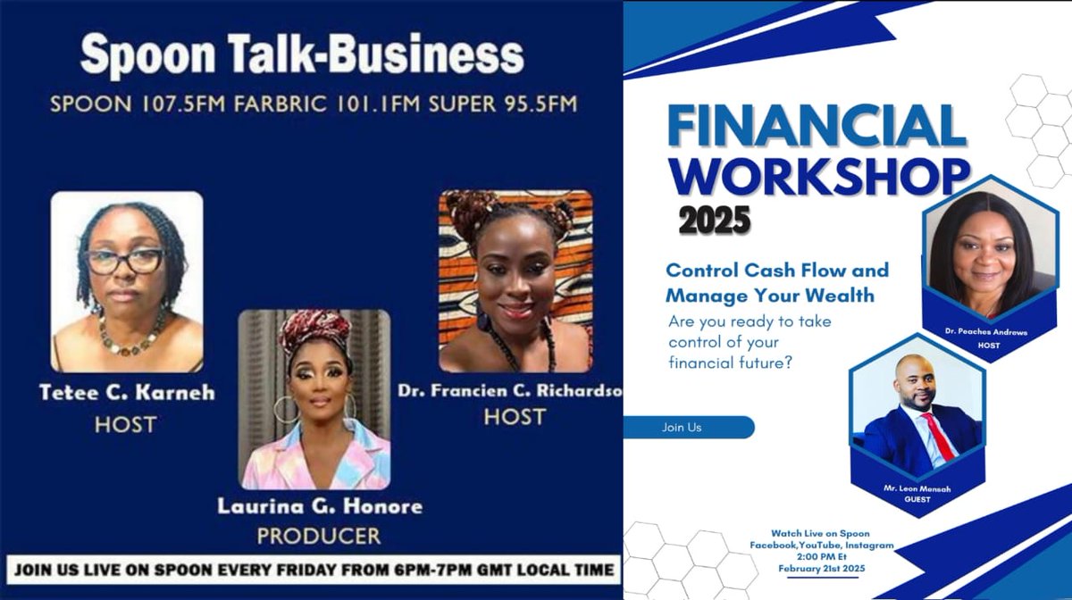 Cloudacytech's tweet image. Financial Workshop 2025.
Hosted by: Dr. Peaches Andrews
Special Guest: Mr. Leon Mensah
Live on Spoon, Facebook, YouTube &amp;amp; Instagram
Date &amp;amp; Time: February 21st, 2025 | 2:00 PM ET
facebook.com/share/1AA2gZpC…

#cloudacytech #financialfreedom #wealthmanagement #cashflowcontro
