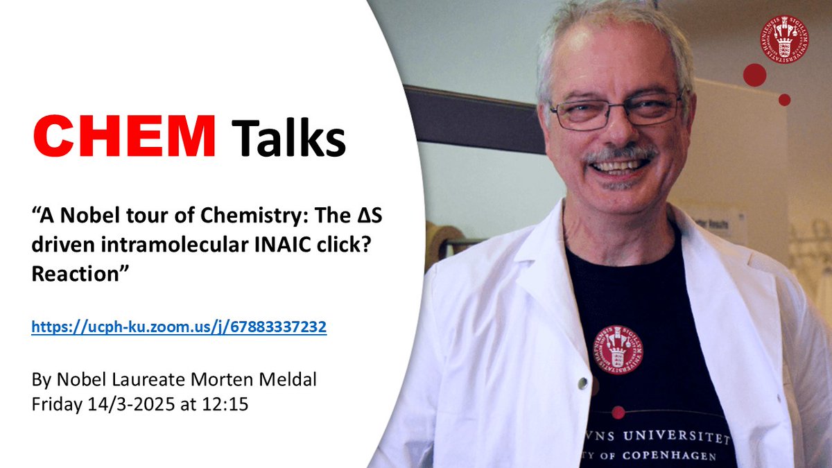 Department of Chemistry, University of Copenhagen (@chemucph) on Twitter photo Our next CHEMTalks is with Nobel Laureate Professor <a href="/MortenMeldal/">Morten Meldal</a> #Chemistry #Clickchemistry #reseach #science <a href="/NobelPrize/">The Nobel Prize</a> ucph-ku.zoom.us/j/66050579530 Our next CHEMTalks is with Nobel Laureate Professor <a href="/MortenMeldal/">Morten Meldal</a> #Chemistry #Clickchemistry #reseach #science <a href="/NobelPrize/">The Nobel Prize</a> ucph-ku.zoom.us/j/66050579530