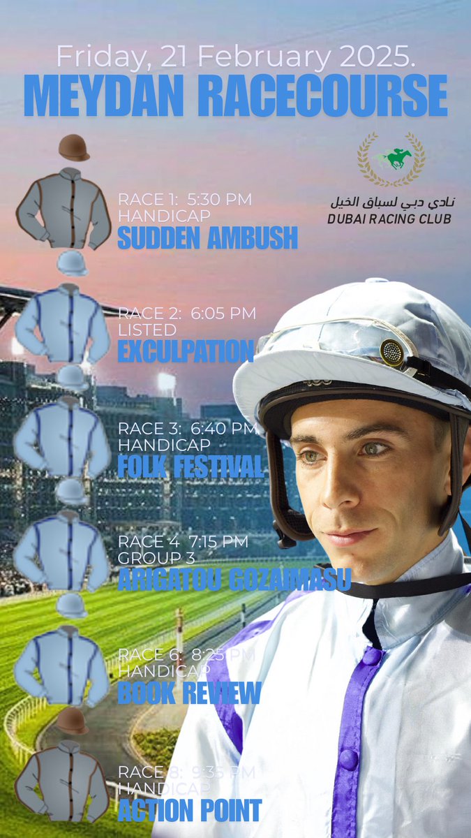 Bernardo Pinheiro (@jockeybpinheiro) on Twitter photo My rides today at <a href="/RacingDubai/">Dubai Racing Club</a> ๐๐ป
I wish all the best for everyoneโ๐ป๐๐ป๐๐ป
Race cards: emiratesracing.com/racecard/2025-โฆ My rides today at <a href="/RacingDubai/">Dubai Racing Club</a> ๐๐ป
I wish all the best for everyoneโ๐ป๐๐ป๐๐ป
Race cards: emiratesracing.com/racecard/2025-โฆ