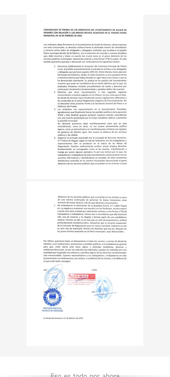 Comunicado de Prensa conjunto entre los sindicatos mayoritarios del Ayuntamiento de Alcalá, acerca de la vulneración de derechos acaecida en el pasado Pleno Municipal