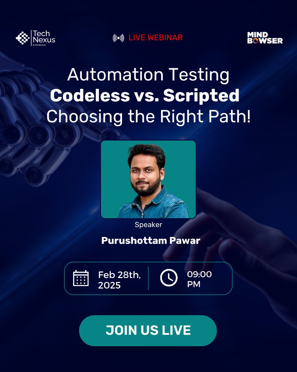 Mindbowser's tweet image. 🚀 MB Tech Nexus Webinar – Live!

Codeless vs. Scripted Automation – Which is right for you?

📅 28th Feb | 9 PM IST | 🎙 Purushottam Pawar
✅ Pros &amp;amp; cons
✅ Healthcare use cases
✅ Live quiz &amp;amp; job opportunities
🔗 Join: lnkd.in/gvX9WXw9

#TechNexus #Mindbowser